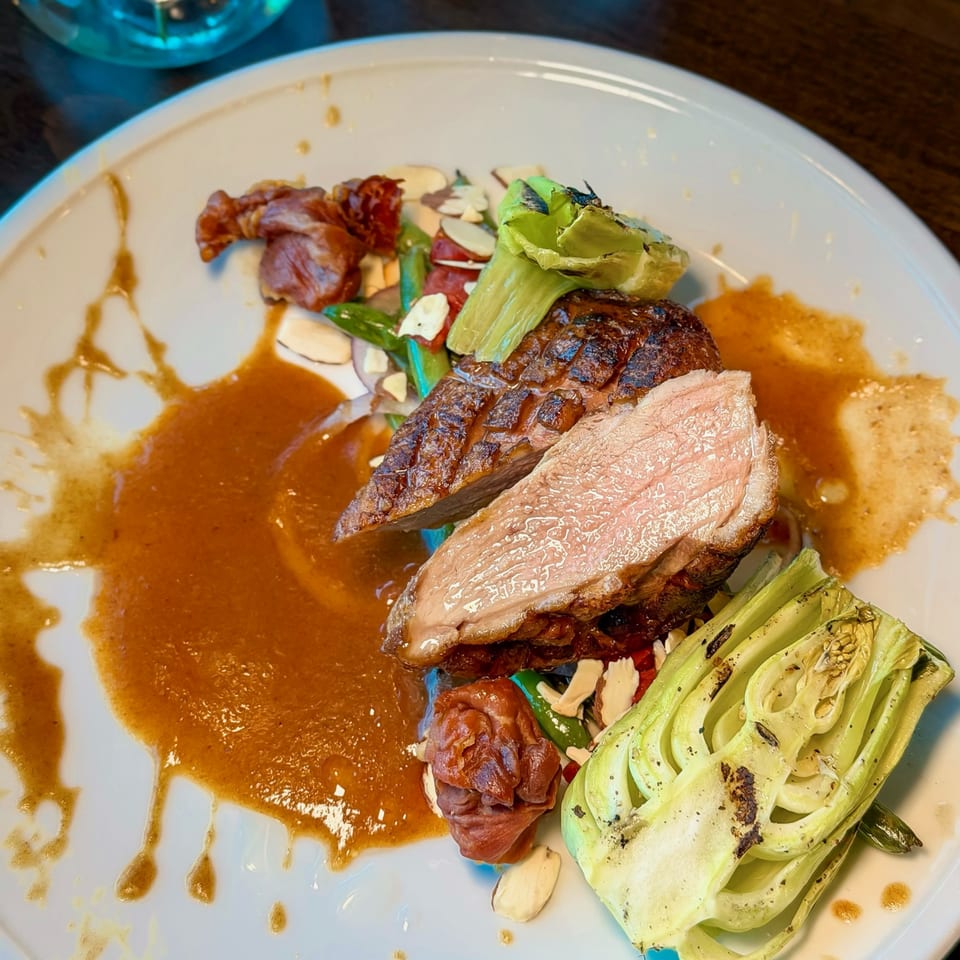 Sliced duck breast with sauce, green beans, almonds, and grilled fennel on a white plate.